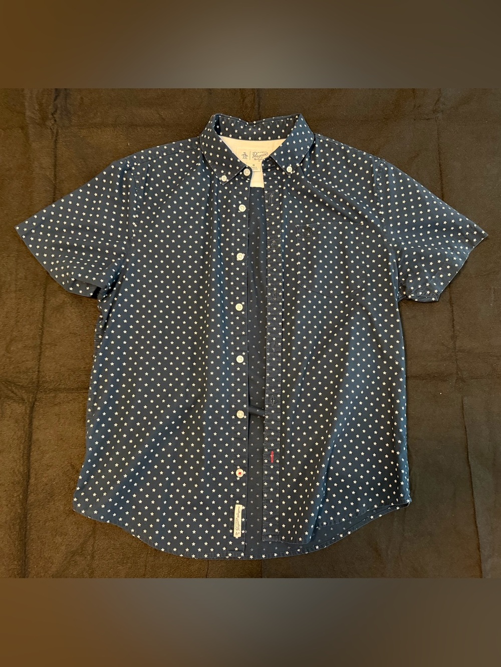 Original Penguin Men's Navy Short-Sleeve Button-Down Shirt with White Star Print